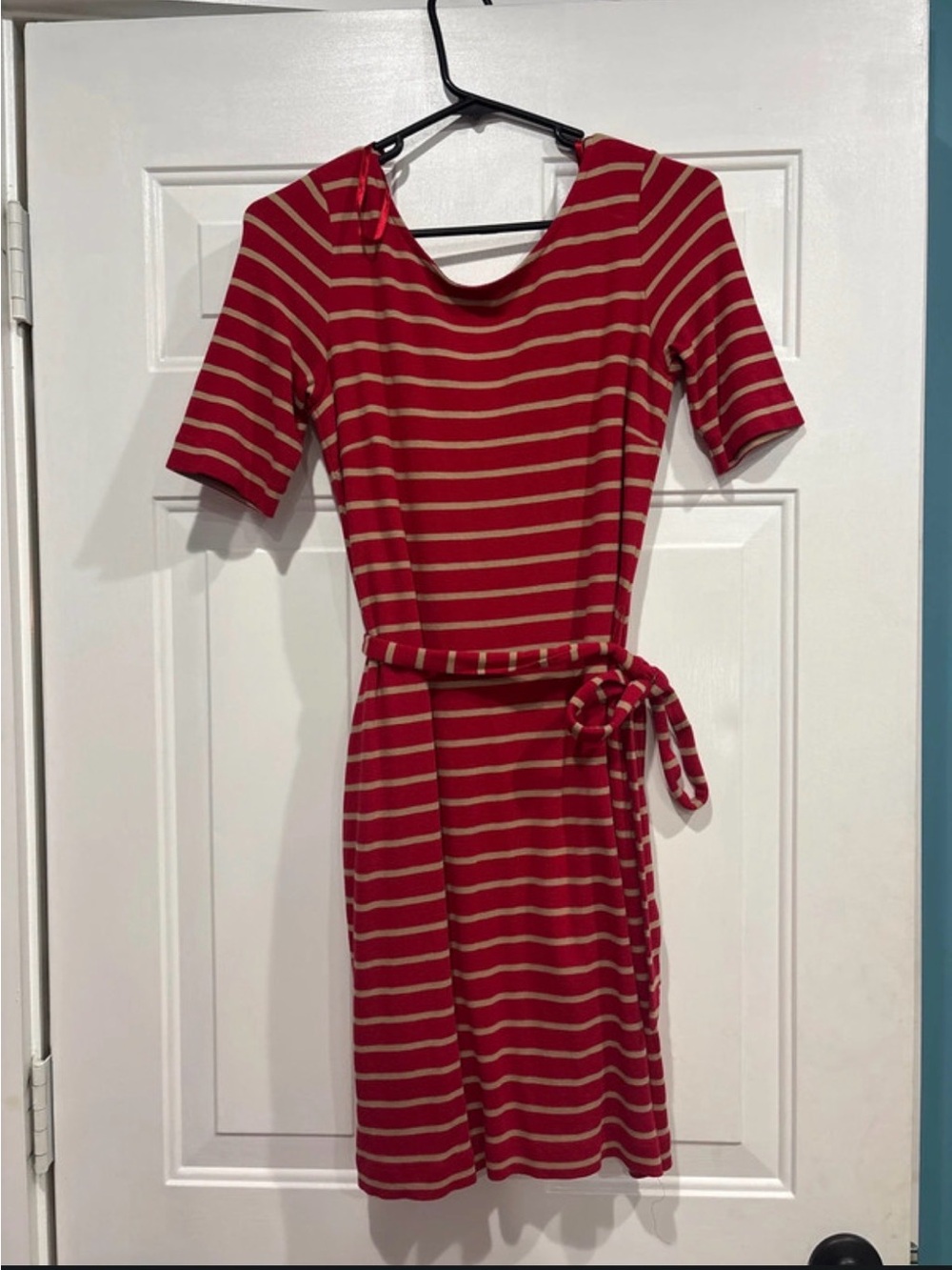 Banana Republic Red and Cream Striped Midi Dress with Self-Tie Belt